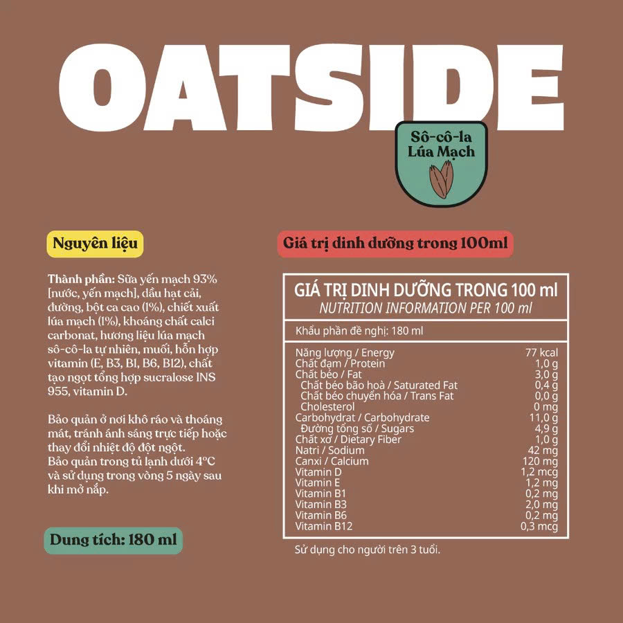 Sữa yến mạch OATSIDE vị Sô-cô-la lúa mạch Thùng 24 Hộp 180ml