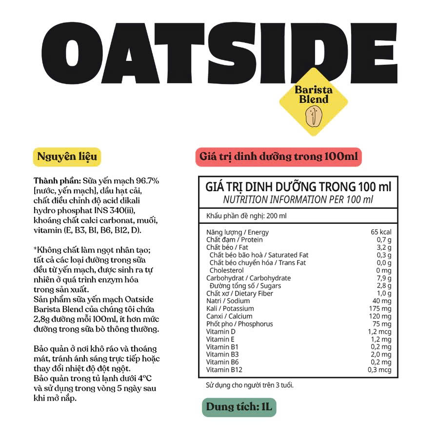 Sữa yến mạch OATSIDE vị nguyên bản Barista Blend (không đường) Thùng 6 Hộp 1 Lít