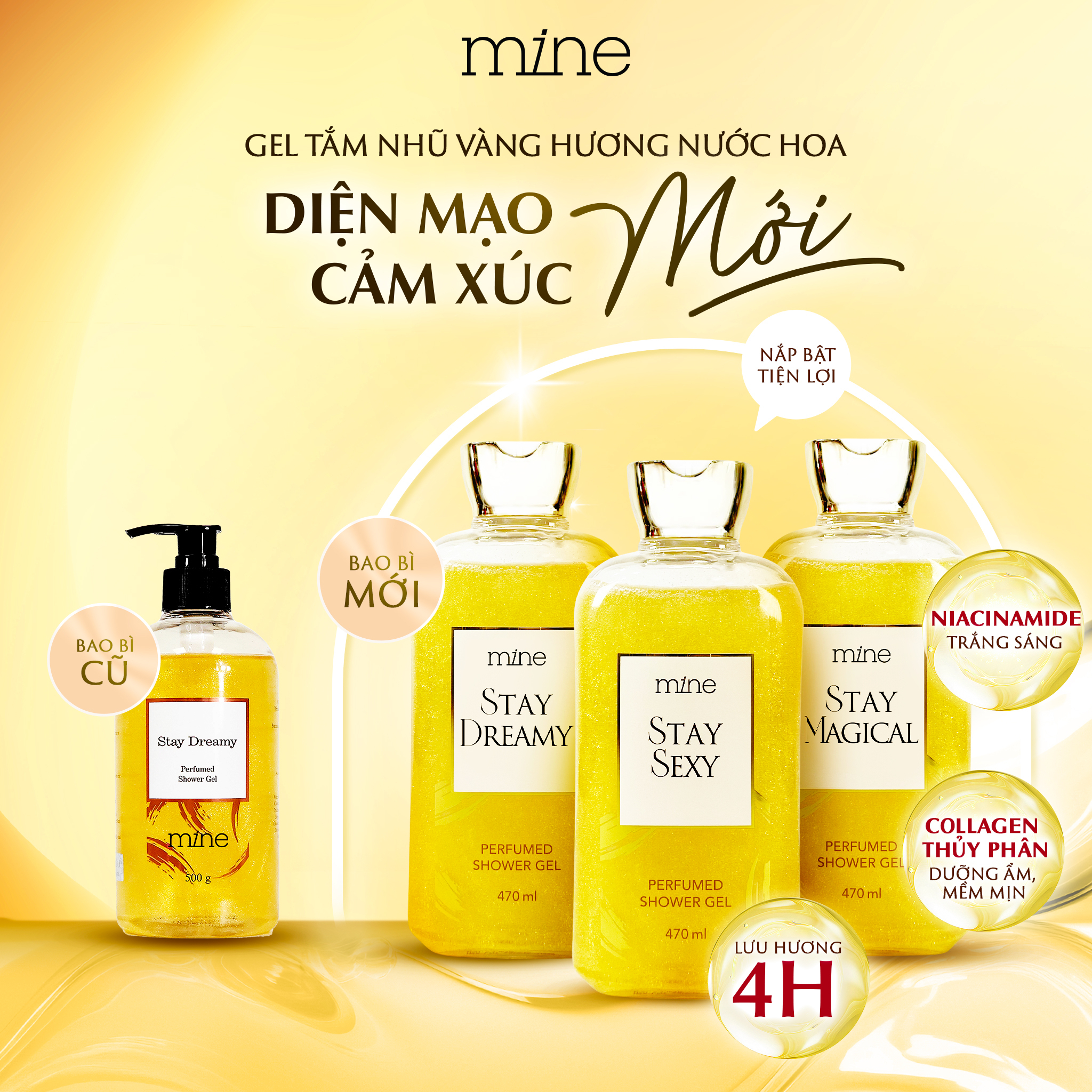 Gel tắm trắng nhũ vàng nước hoa Mine Stay Sexy 470ml