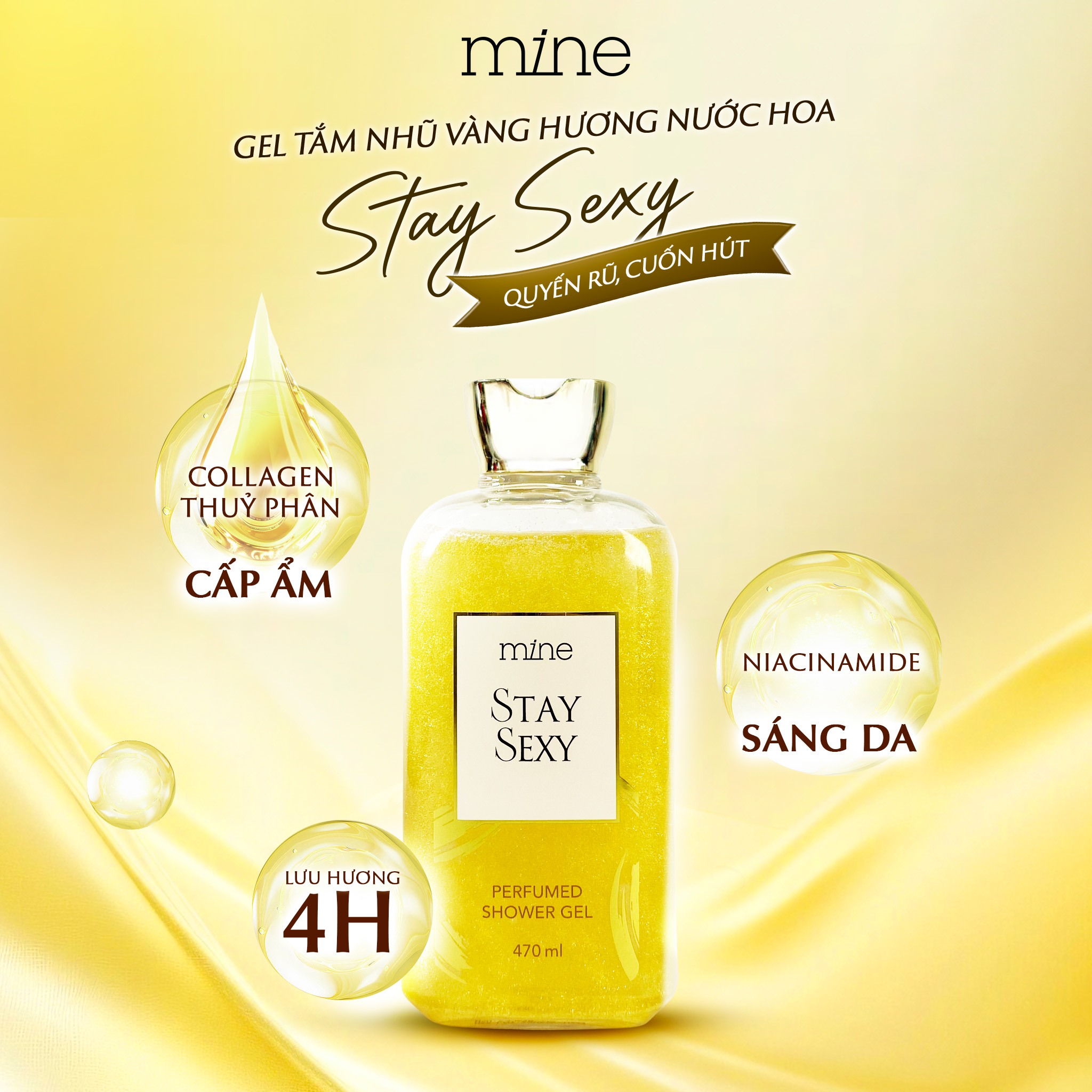 Gel tắm trắng nhũ vàng nước hoa Mine Stay Sexy 470ml