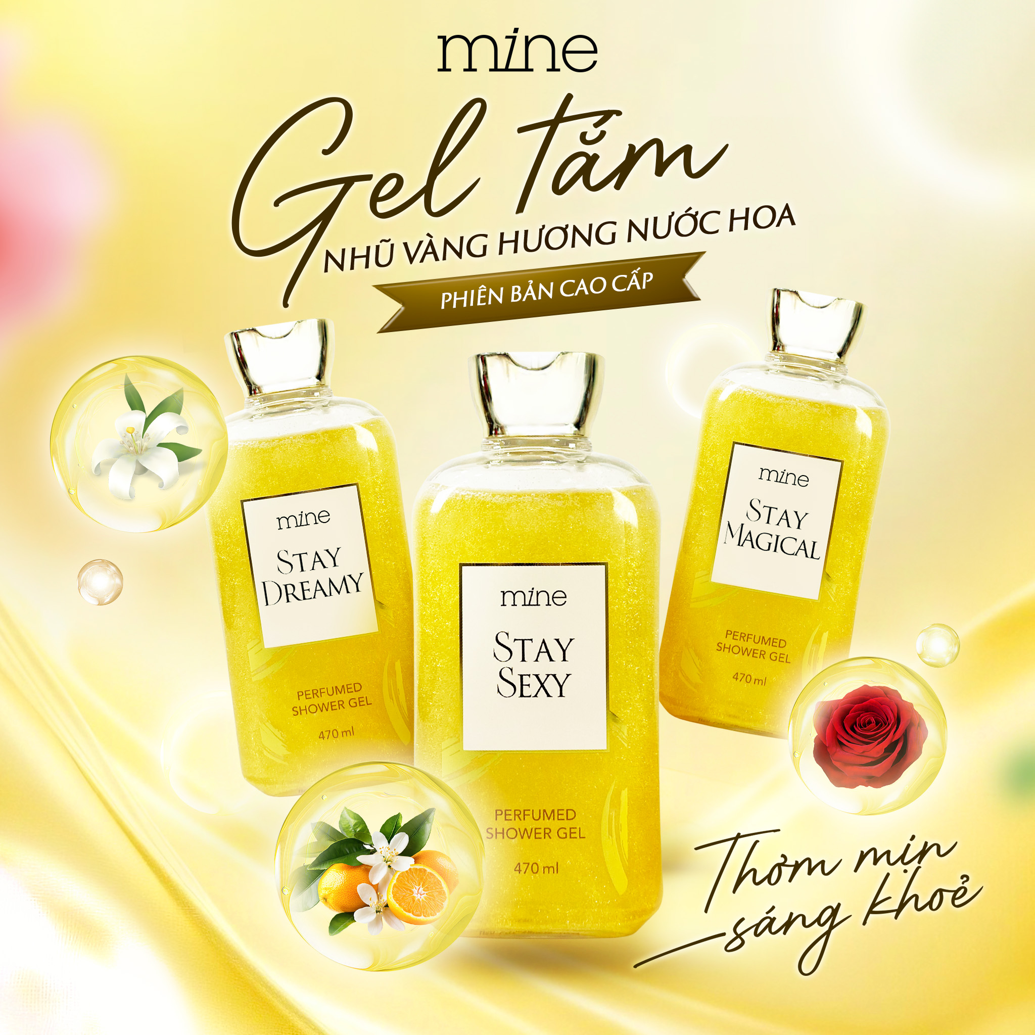 Gel tắm trắng nhũ vàng nước hoa Mine Stay Sexy 470ml
