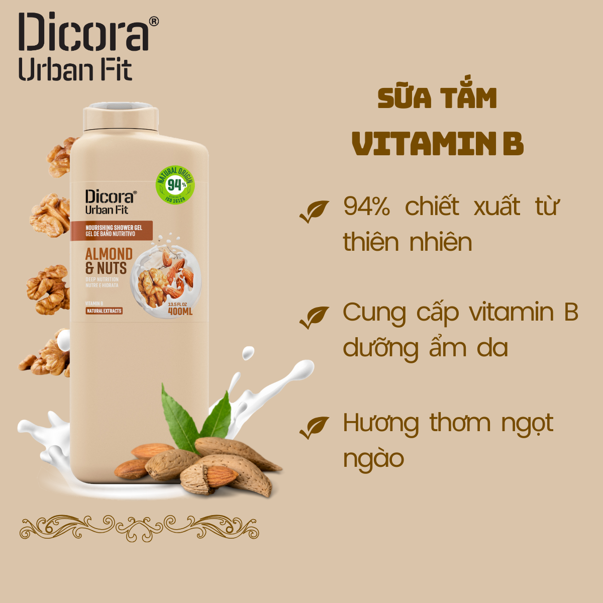 Sữa tắm Dicora Urban Fit Vitamin B – Hạnh nhân & các loại hạt (400ml)