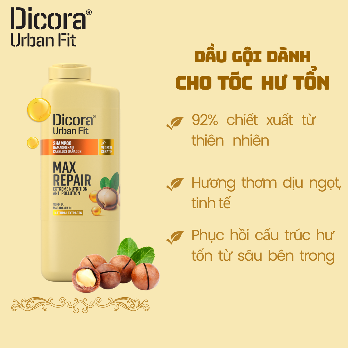 Dầu gội Dicora Urban Fit – Dành cho tóc hư tổn, chiết xuất tinh dầu mắc ca (400ml)