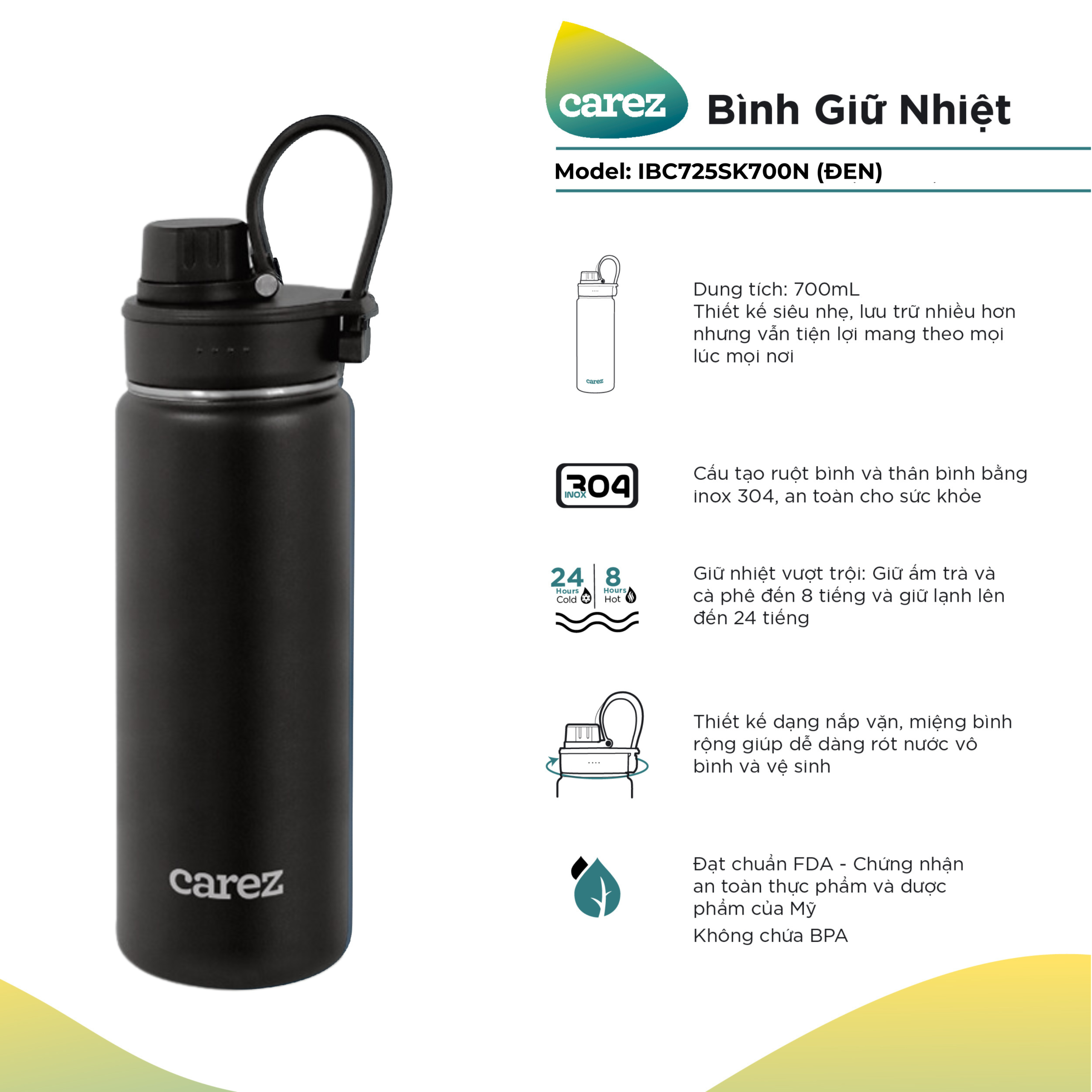 Bình giữ nhiệt CAREZ IBC725SK700N 700ml màu đen