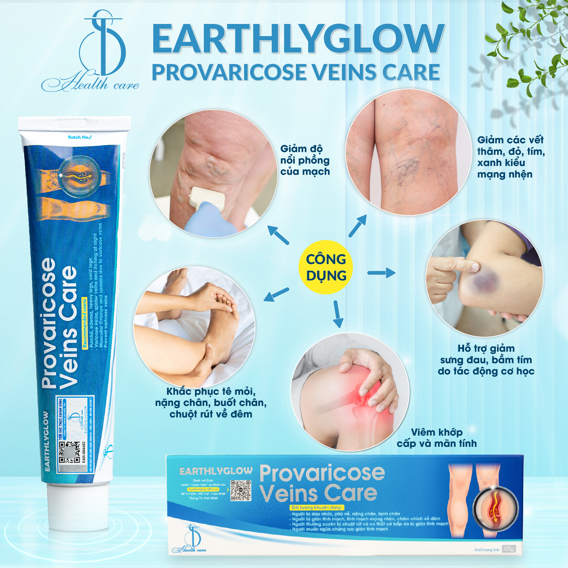 Kem hỗ trợ giảm viêm khớp, giãn tĩnh mạch Earthlyglow – Tuýp 65g