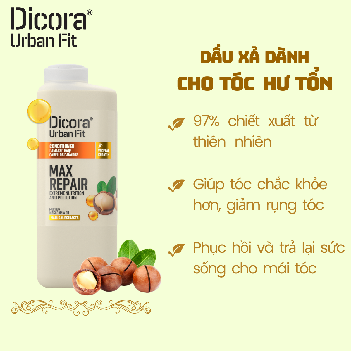 Dầu xả Dicora Urban Fit – Dành cho tóc hư tổn, chiết xuất tinh dầu mắc ca (400ml)