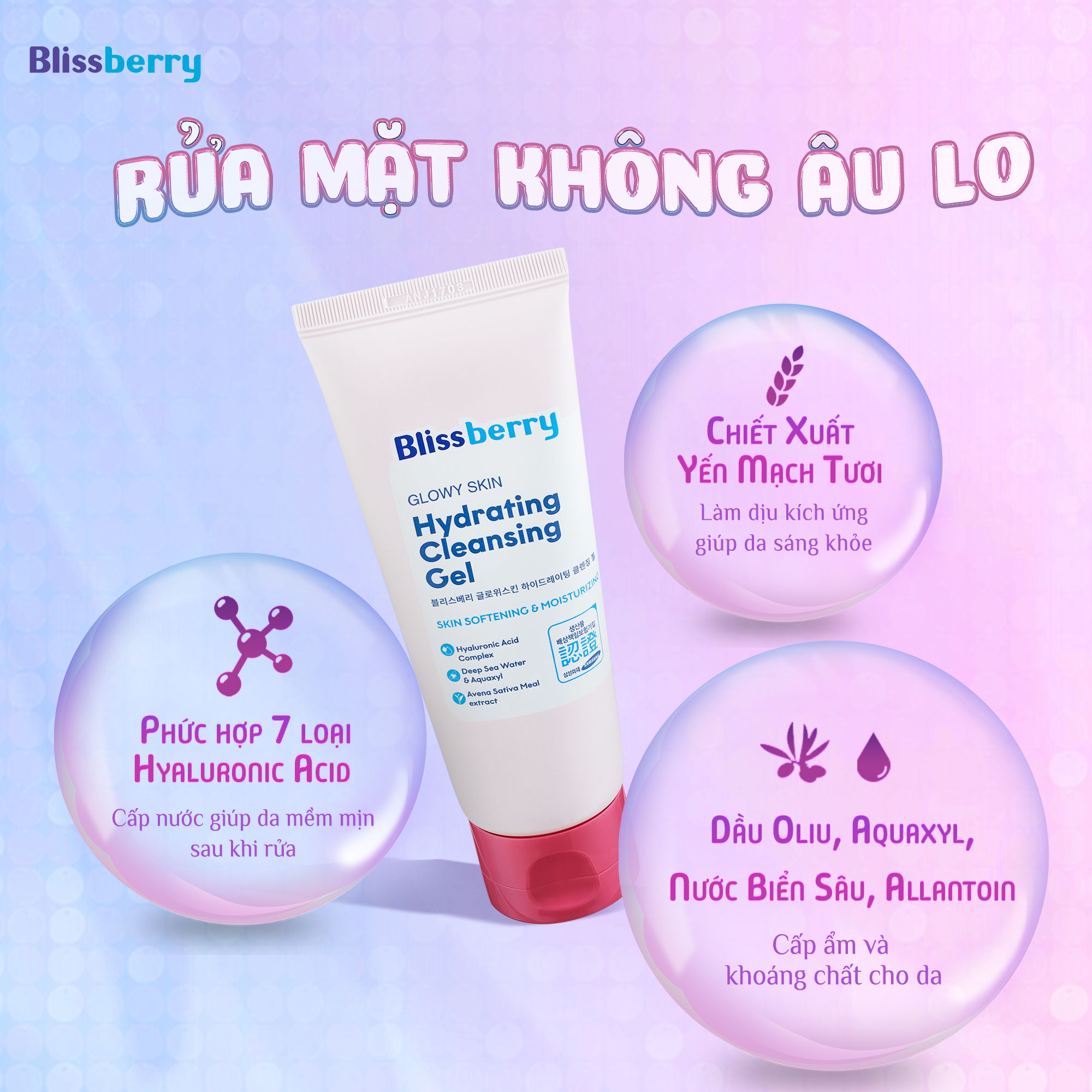 Sữa rửa mặt dịu nhẹ, cấp ẩm, làm sáng da Blissberry 100ml