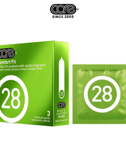 Bao cao su CARE 28 trơn mỏng truyền thống – hương vani (hộp 3 bcs)