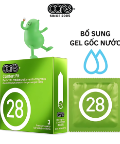 Bao cao su CARE 28 trơn mỏng truyền thống – hương vani (hộp 3 bcs)
