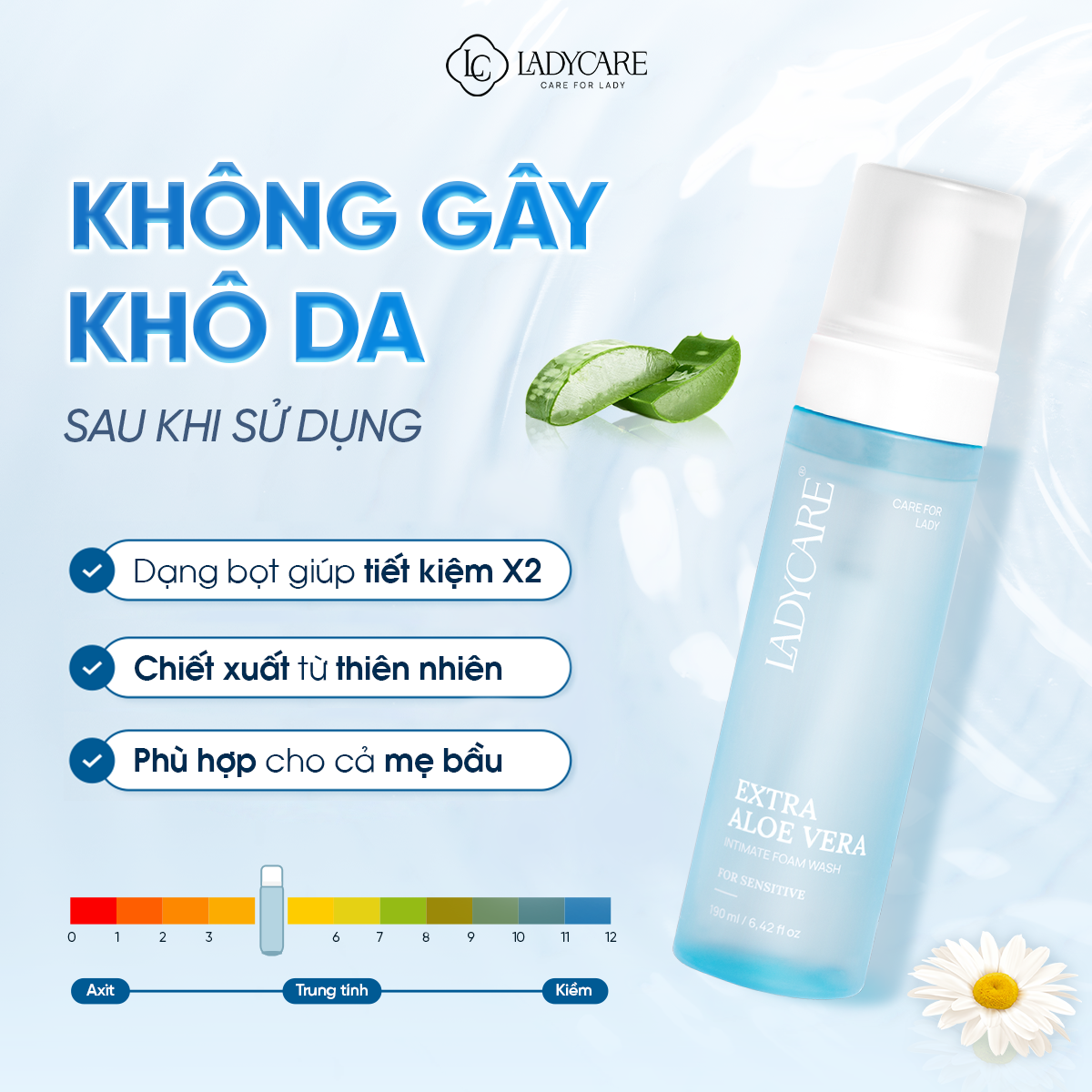 Dung dịch vệ sinh phụ khoa dạng bọt Ladycare Extra Aloe Vera 190ML cho mẹ bầu, nam, nữ tuổi dậy thì