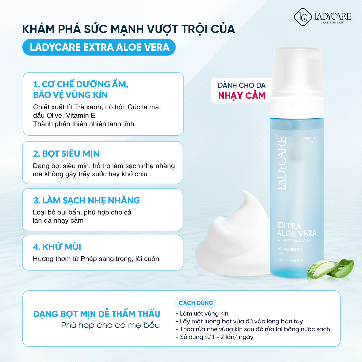 Dung dịch vệ sinh phụ khoa dạng bọt Ladycare Extra Aloe Vera 190ML cho mẹ bầu, nam, nữ tuổi dậy thì