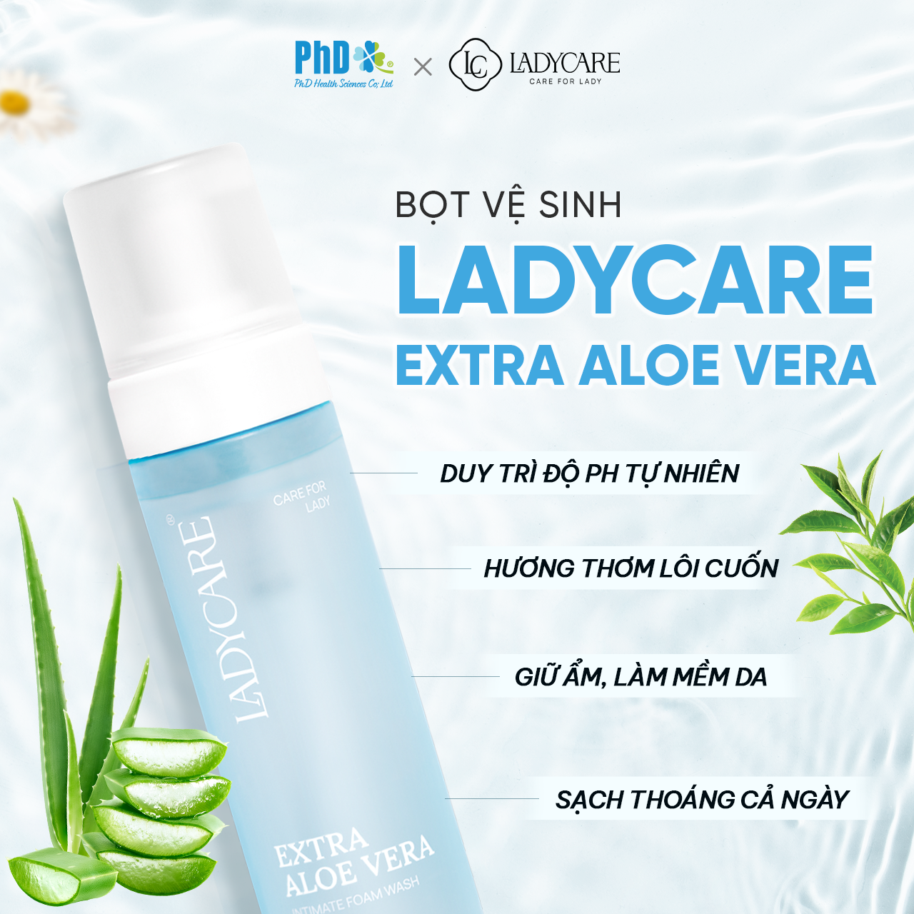 Dung dịch vệ sinh phụ khoa dạng bọt Ladycare Extra Aloe Vera 190ML cho mẹ bầu, nam, nữ tuổi dậy thì