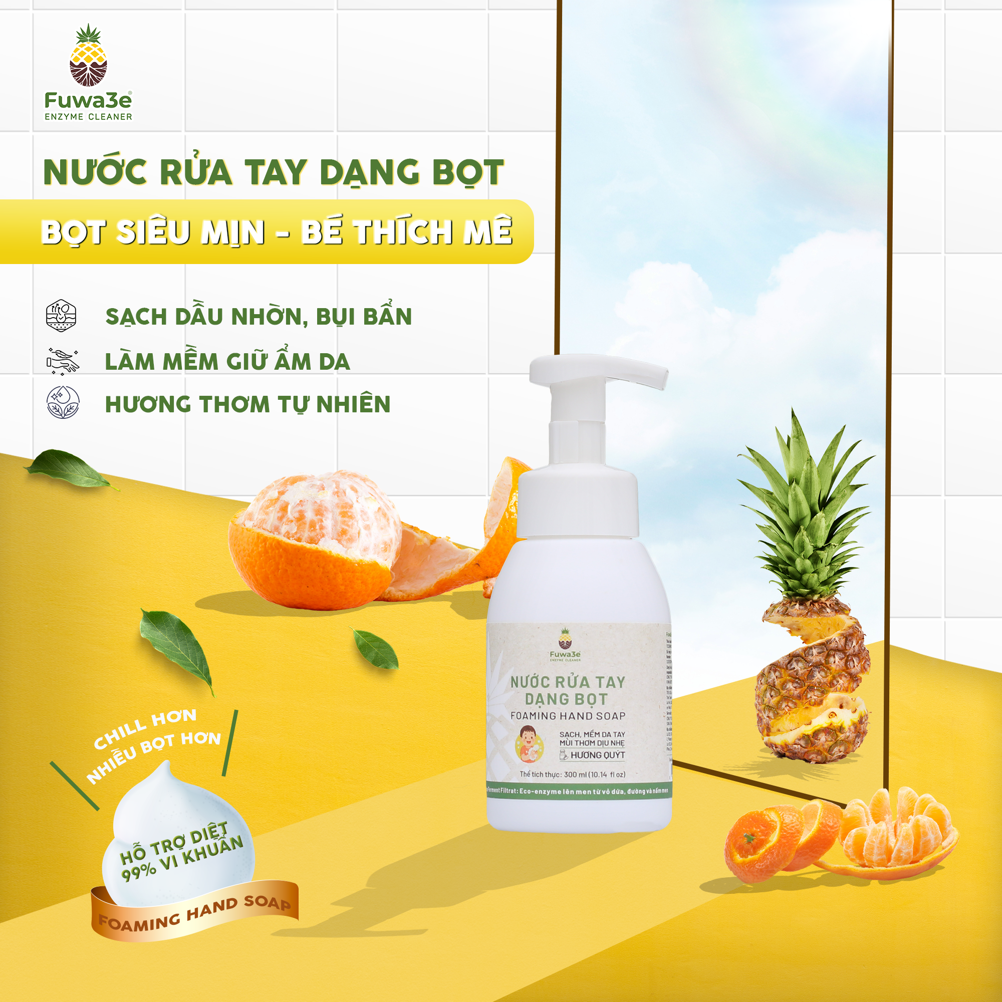 Nước rửa tay dạng bọt Fuwa3e – Bọt siêu mịn, hỗ trợ làm sạch nhanh hơn cho bé 3.8L
