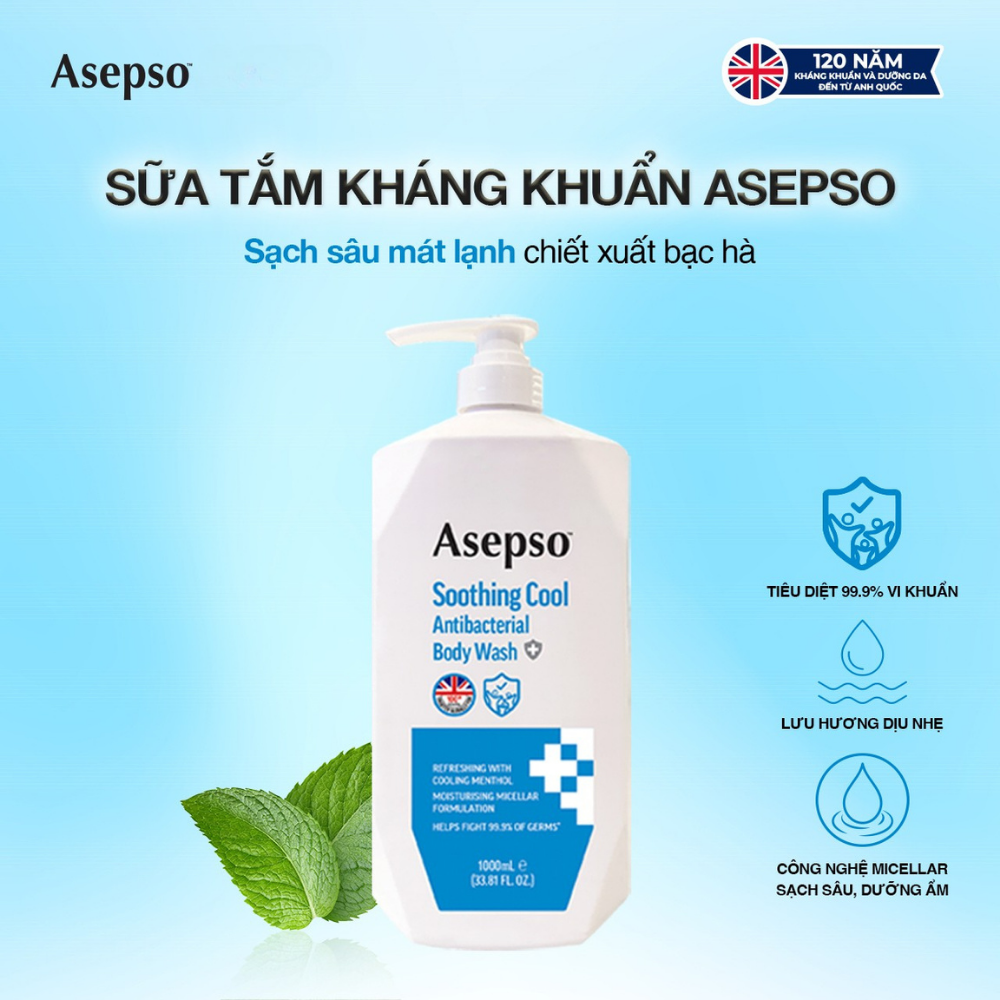 Sữa tắm kháng khuẩn ASEPSO sạch sâu mát lạnh Hương Bạc Hà 1000 ml