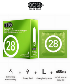 Bao cao su CARE 28 trơn mỏng truyền thống – hương vani (hộp 12 bcs)