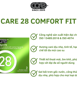 Bao cao su CARE 28 trơn mỏng truyền thống – hương vani (hộp 12 bcs)