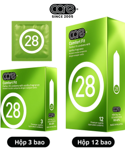 Bao cao su CARE 28 trơn mỏng truyền thống – hương vani (hộp 12 bcs)