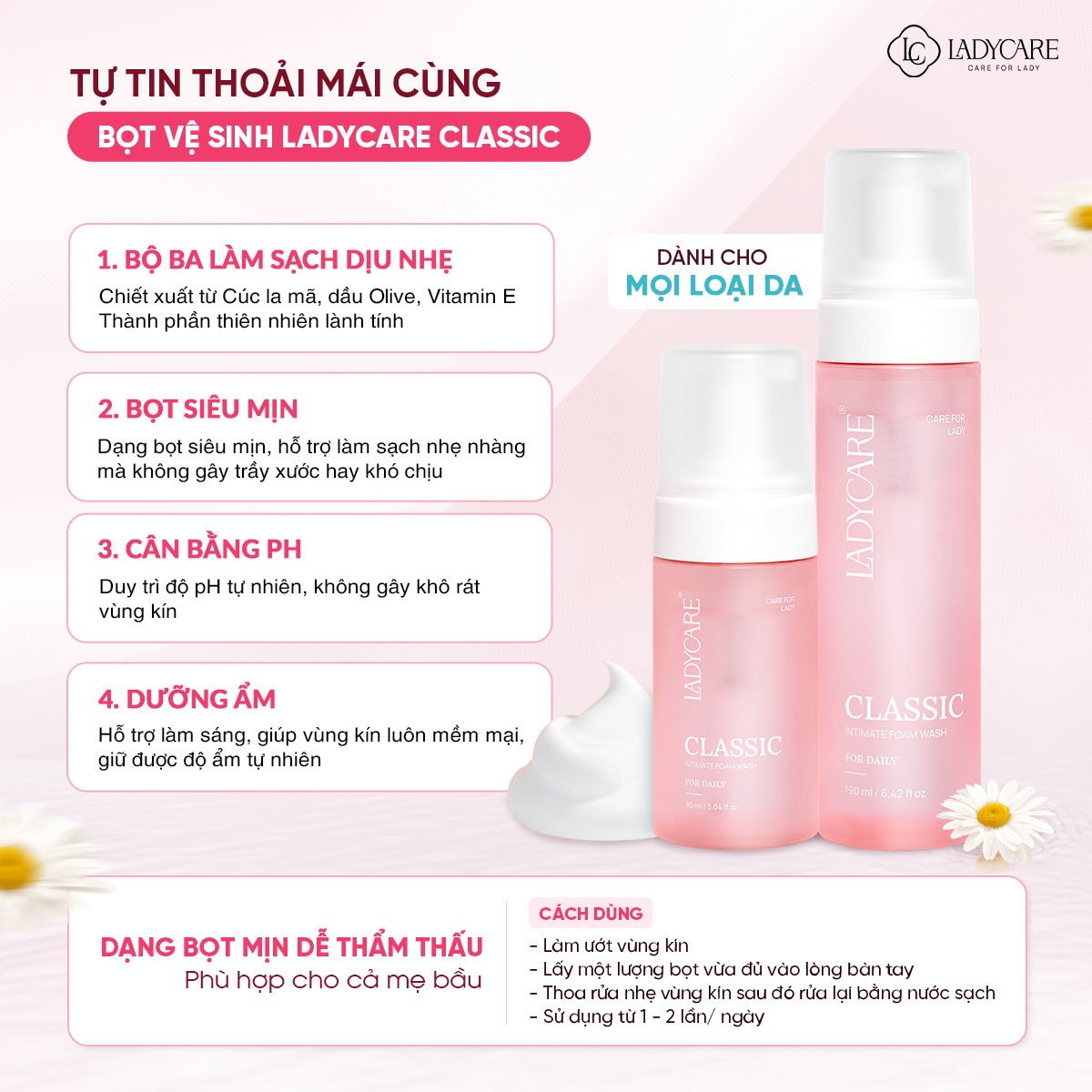 Dung dịch vệ sinh phụ khoa dạng bọt Ladycare Classic 90ML cho mẹ bầu, nam, nữ tuổi dậy thì