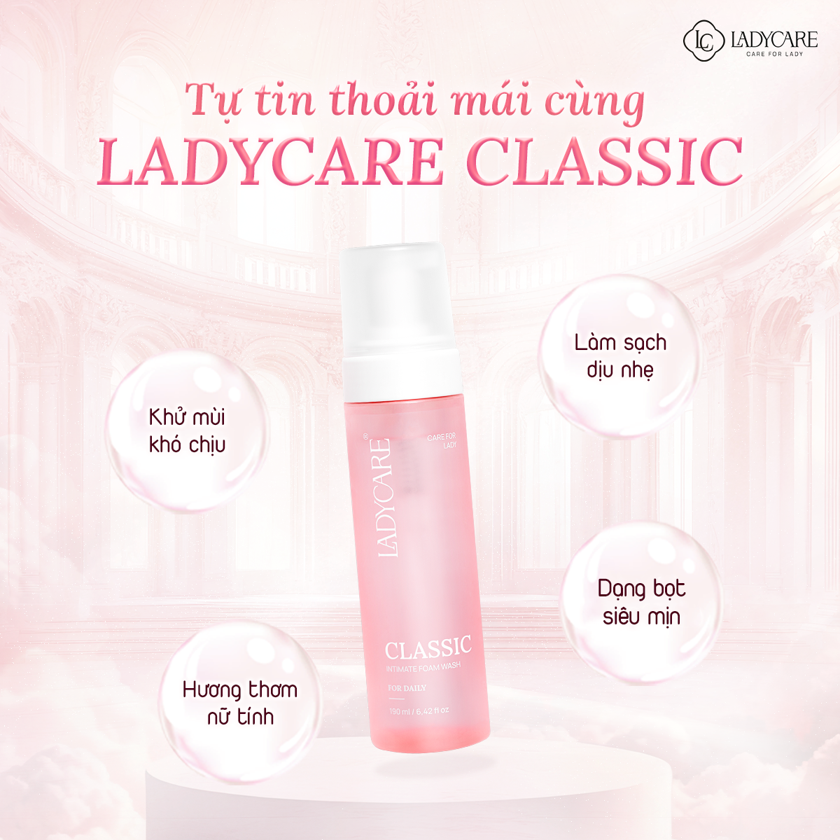 Dung dịch vệ sinh phụ khoa dạng bọt Ladycare Classic 90ML cho mẹ bầu, nam, nữ tuổi dậy thì