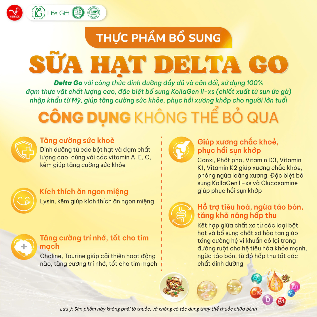 Sữa hạt Delta Go dinh dưỡng lành mạnh, hỗ trợ xương khớp, tăng cường sức khỏe (hộp 30gói)