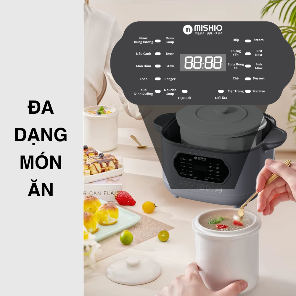 Nồi nấu chậm lòng sứ 3L Mishio MK397 kèm xửng hấp và 4 thố sứ tiện lợi không lo cháy khét hay bong tróc chống dính