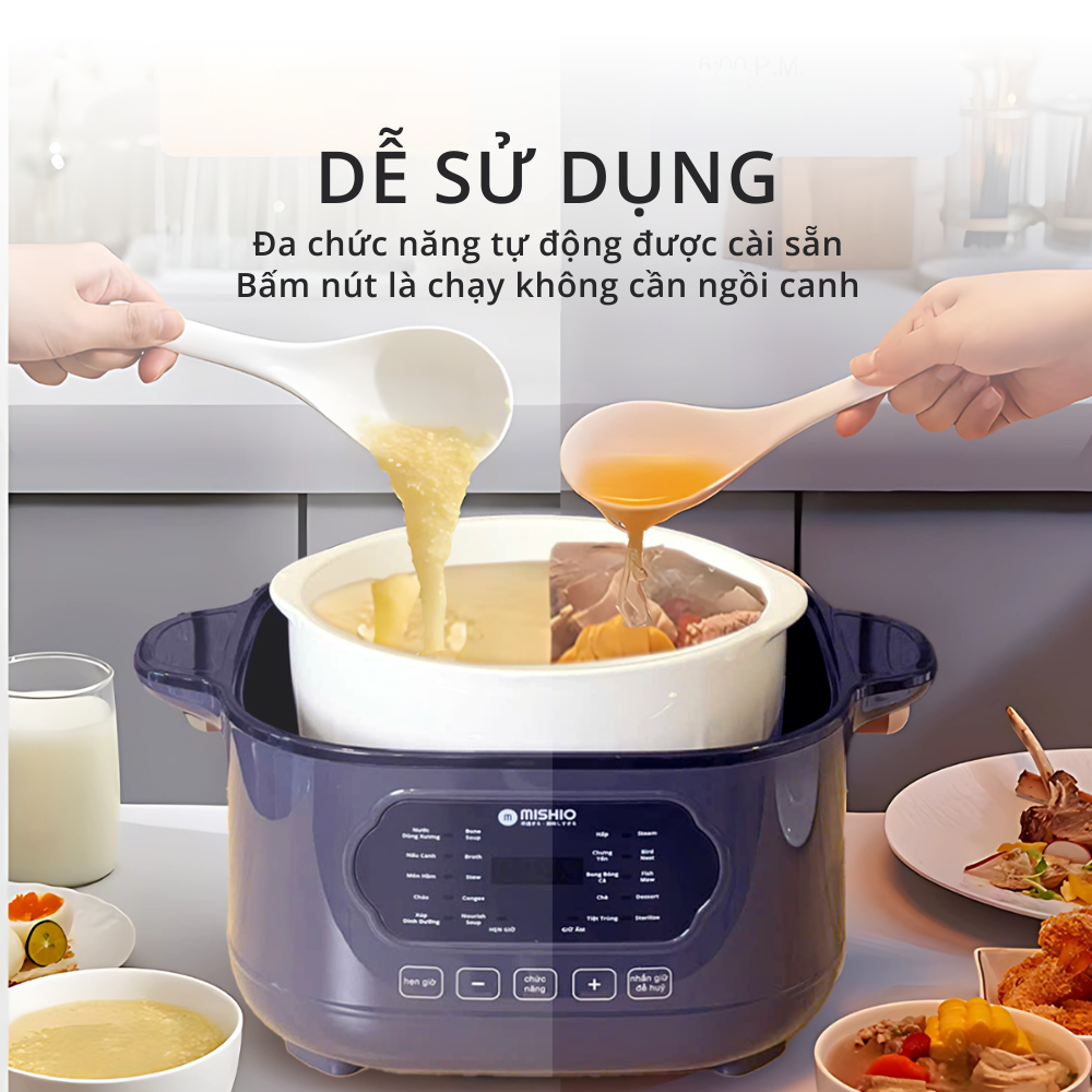 Nồi nấu chậm lòng sứ 3L Mishio MK397 kèm xửng hấp và 4 thố sứ tiện lợi không lo cháy khét hay bong tróc chống dính