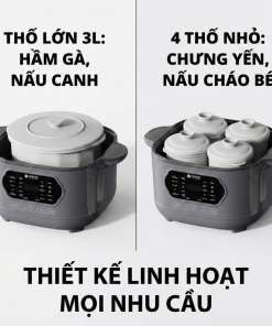 Nồi nấu chậm lòng sứ 3L Mishio MK397 kèm xửng hấp và 4 thố sứ tiện lợi không lo cháy khét hay bong tróc chống dính