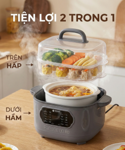 Nồi nấu chậm lòng sứ 3L Mishio MK397 kèm xửng hấp và 4 thố sứ tiện lợi không lo cháy khét hay bong tróc chống dính