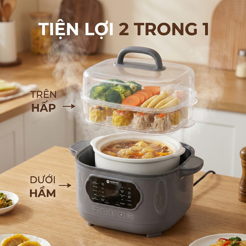 Nồi nấu chậm lòng sứ 3L Mishio MK397 kèm xửng hấp và 4 thố sứ tiện lợi không lo cháy khét hay bong tróc chống dính