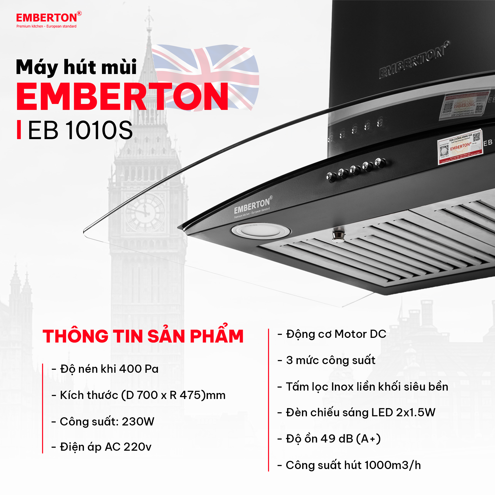 Máy hút mùi kính cong EMBERTON EB 1010S