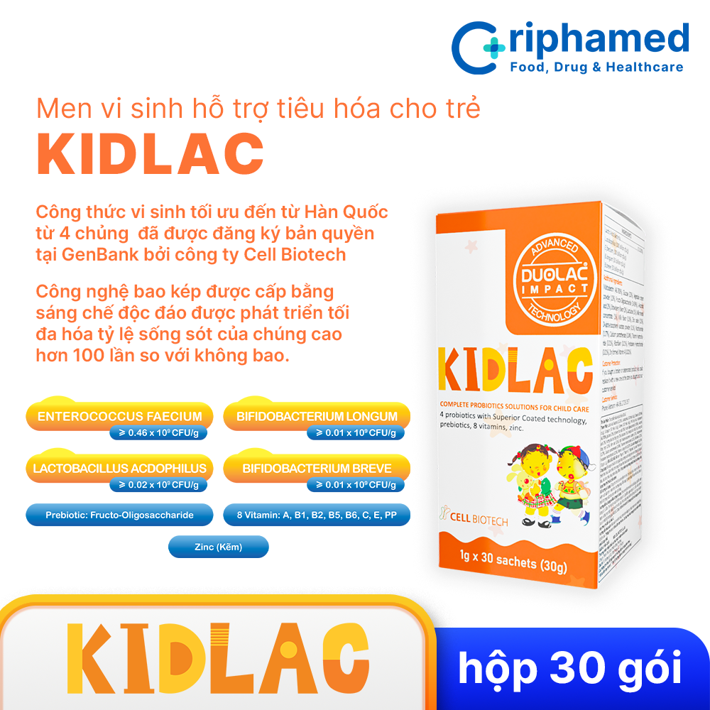 Men vi sinh hỗ trợ tiêu hóa cho trẻ Kidlac (Hộp 30 gói)