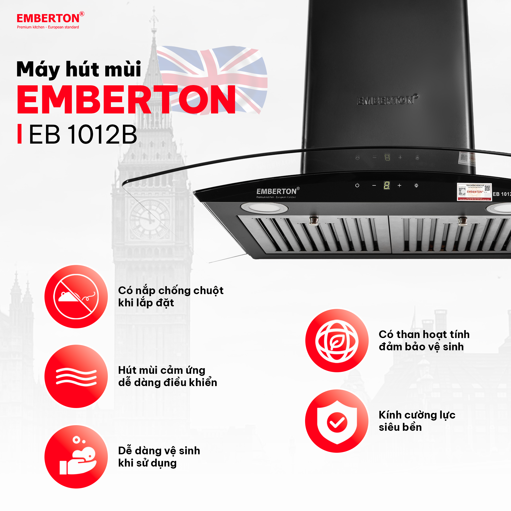 Máy hút mùi kính cong cảm ứng Emberton EB 1012B – 70cm