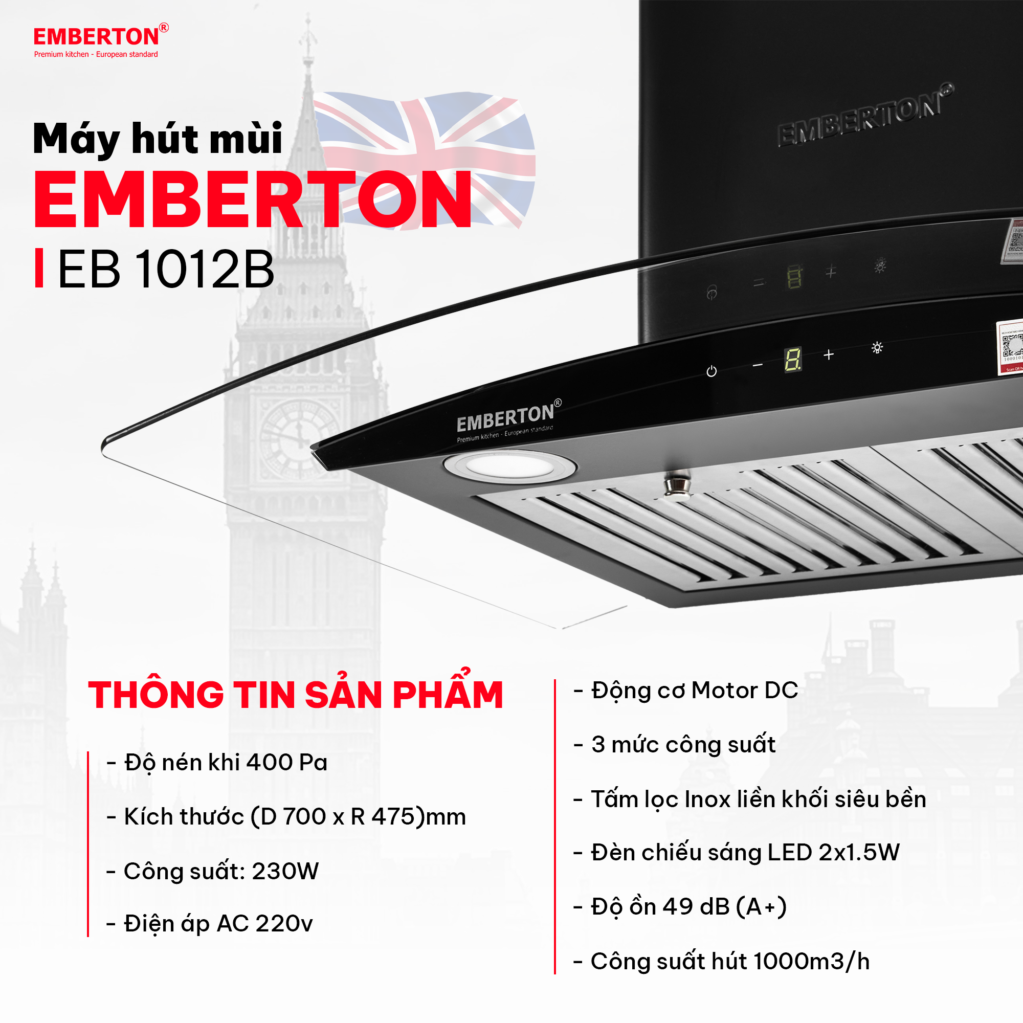 Máy hút mùi kính cong cảm ứng Emberton EB 1012B – 70cm