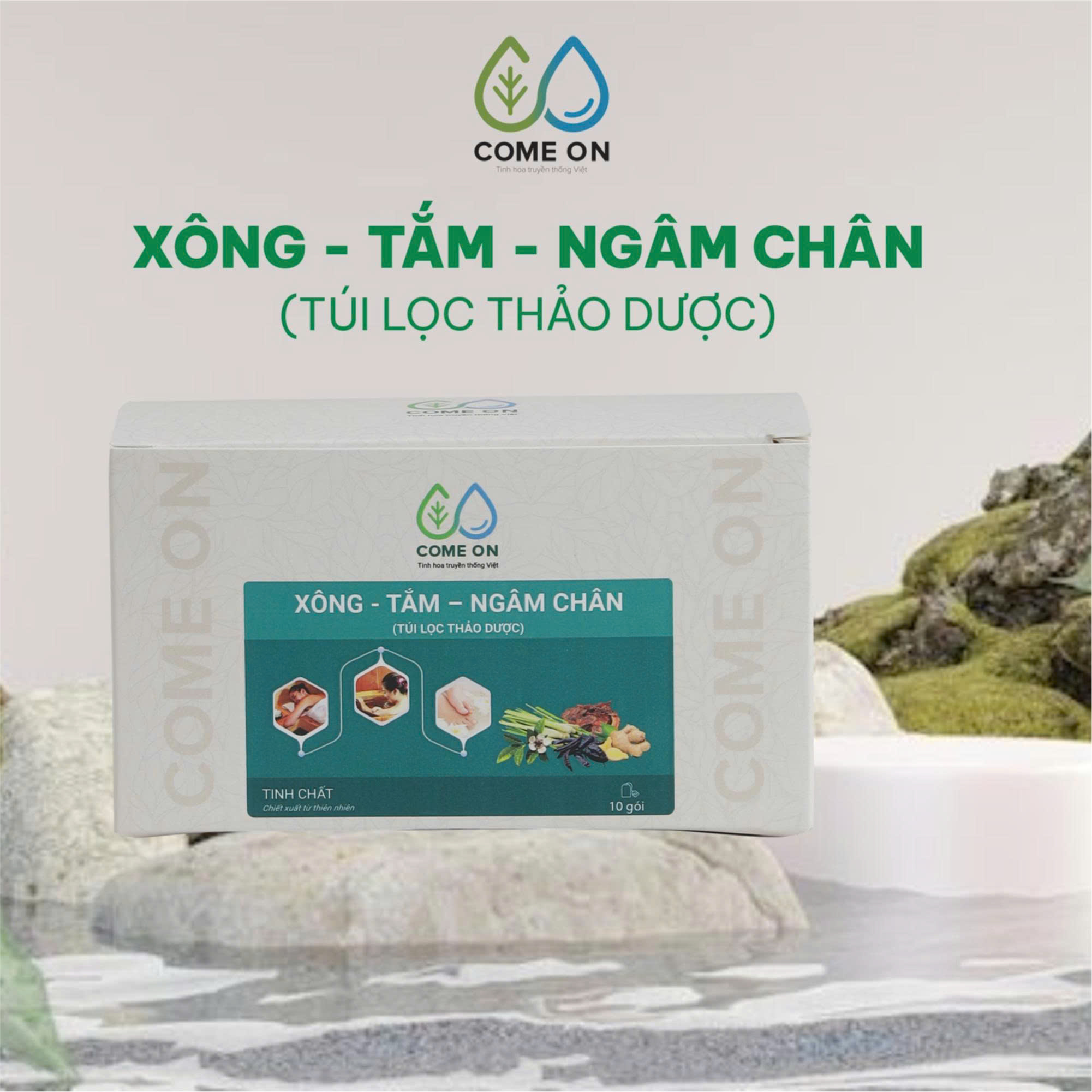 Túi lọc thảo dược xông, tắm, ngâm chân COME ON giải cảm, thư giãn, giảm đau mỏi chân Hộp 10 gói