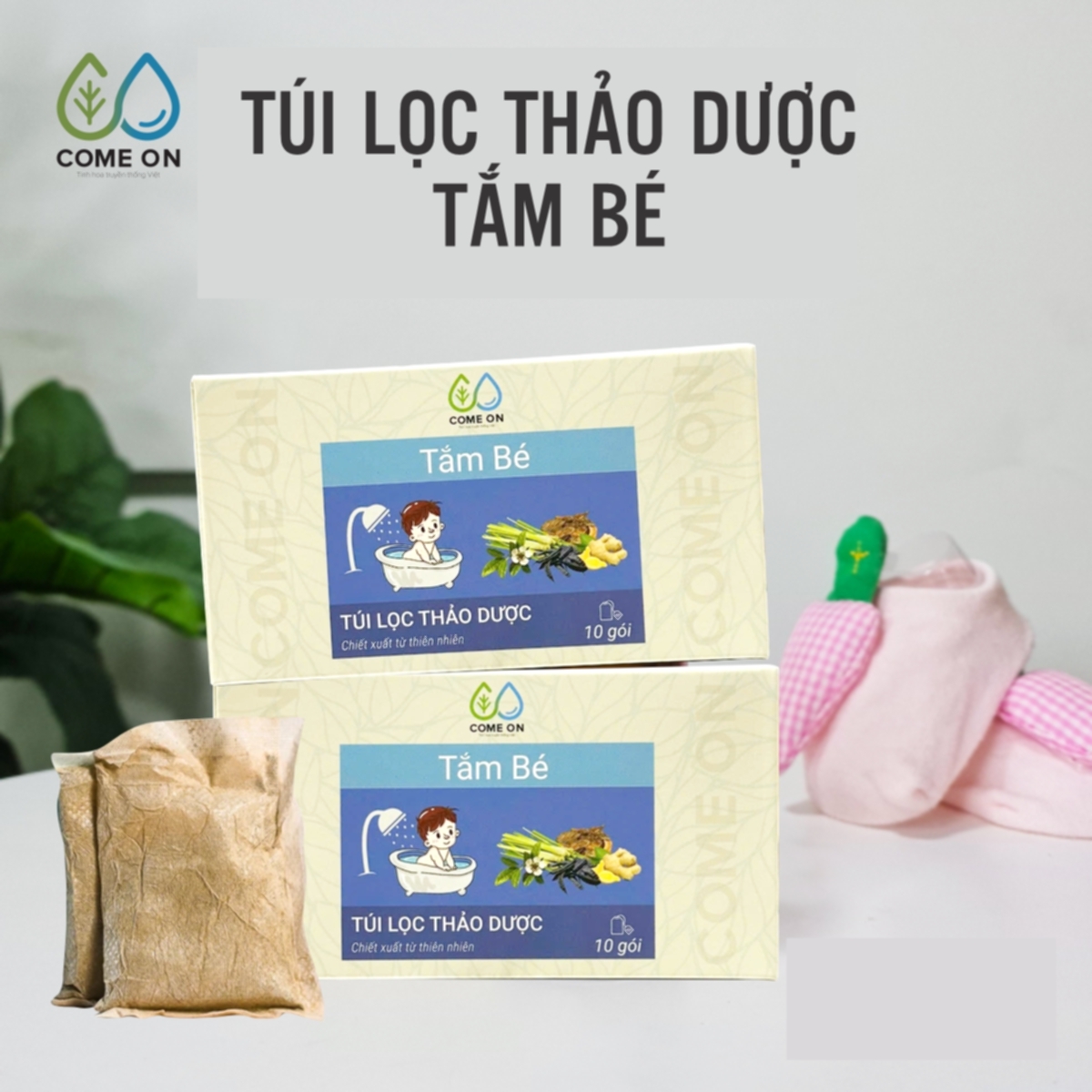 Túi lọc thảo dược tắm bé COME ON ngừa rôm sảy, làm mát da, hộp 10 gói