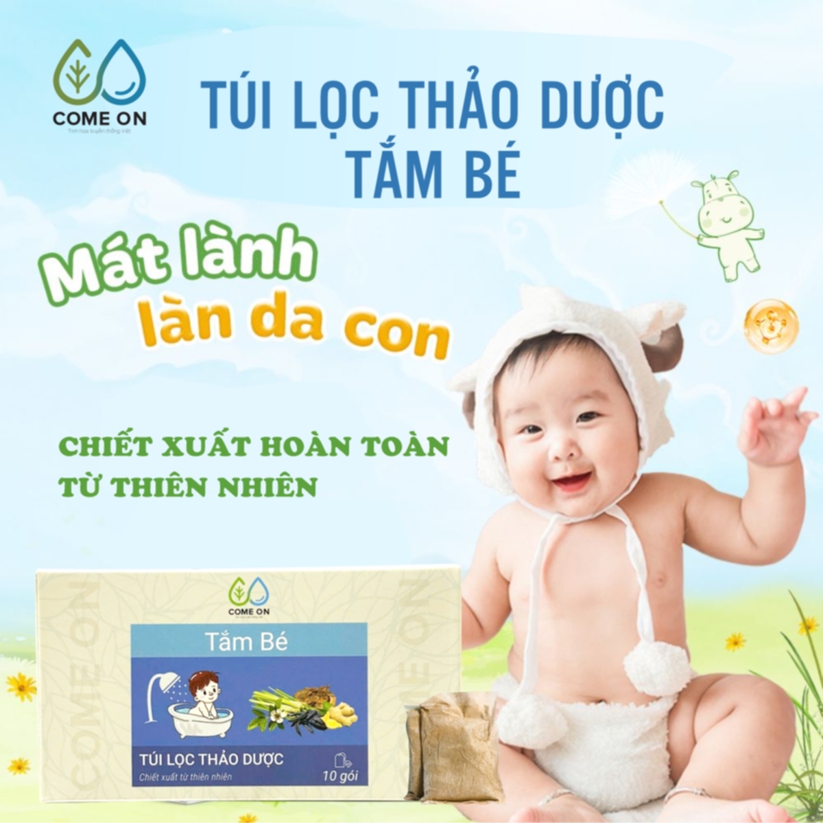 Túi lọc thảo dược tắm bé COME ON ngừa rôm sảy, làm mát da, hộp 10 gói