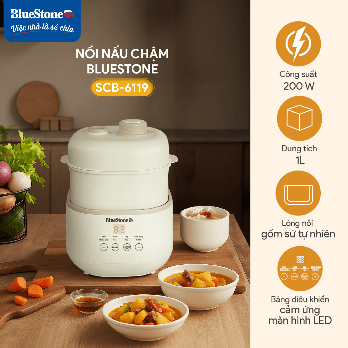 Nồi Nấu Chậm BlueStone SCB-6119 1 Lít 200W