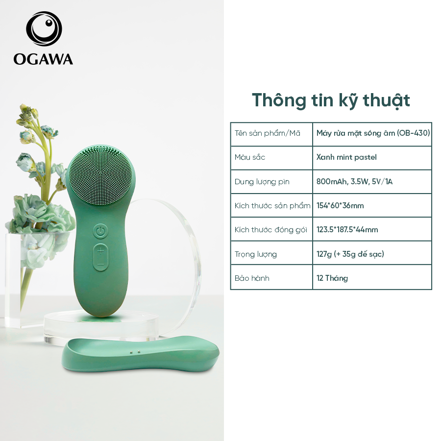 OGAWA Beauty – Silicone Facial Cleansing Brush (OB-430) / Máy rửa mặt sóng âm (OB-430), hiệu Ogawa