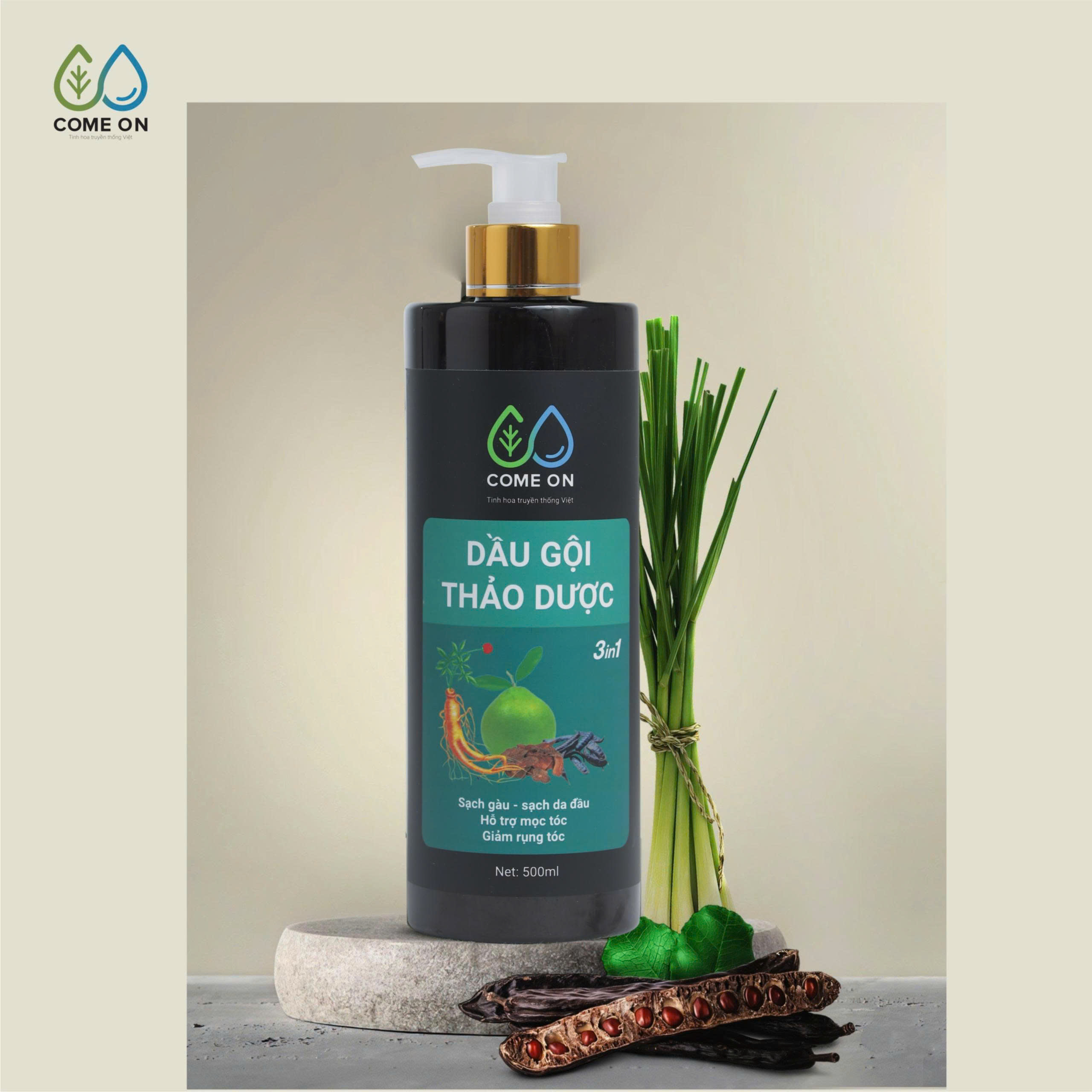 Dầu gội thảo dược COME ON 3in1 giải pháp toàn diện cho da đầu khoẻ, mượt tóc, phục hồi tóc 500ml