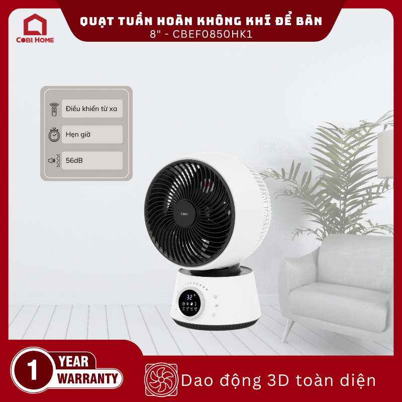 Quạt tuần hoàn không khí để bàn 8″ COBI – Điều khiển từ xa, Hẹn giờ, Xoay tự động 3D 360°_341729