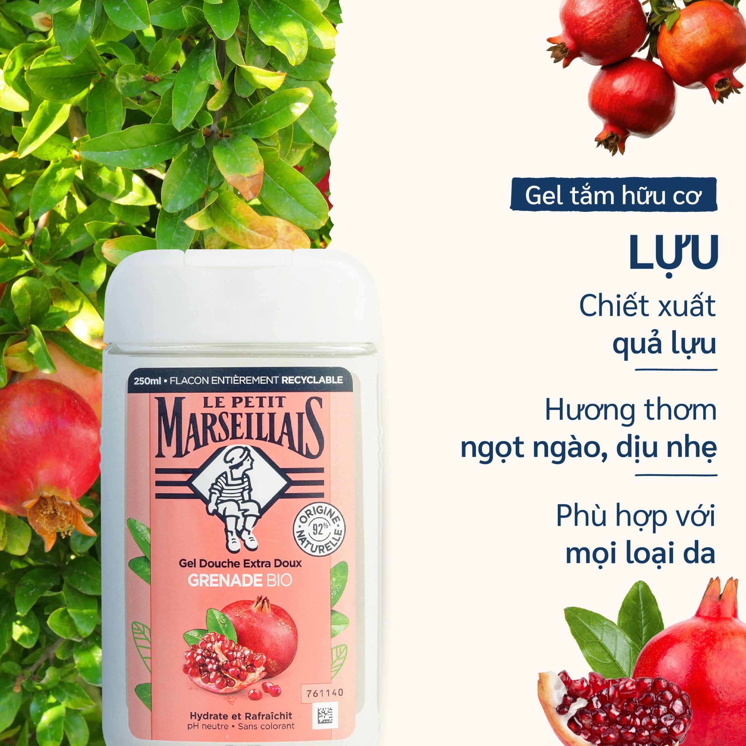Sữa Tắm dạng kem/ Gel tắm 92% hữu cơ LE PETIT MARSEILLAIS 250ml