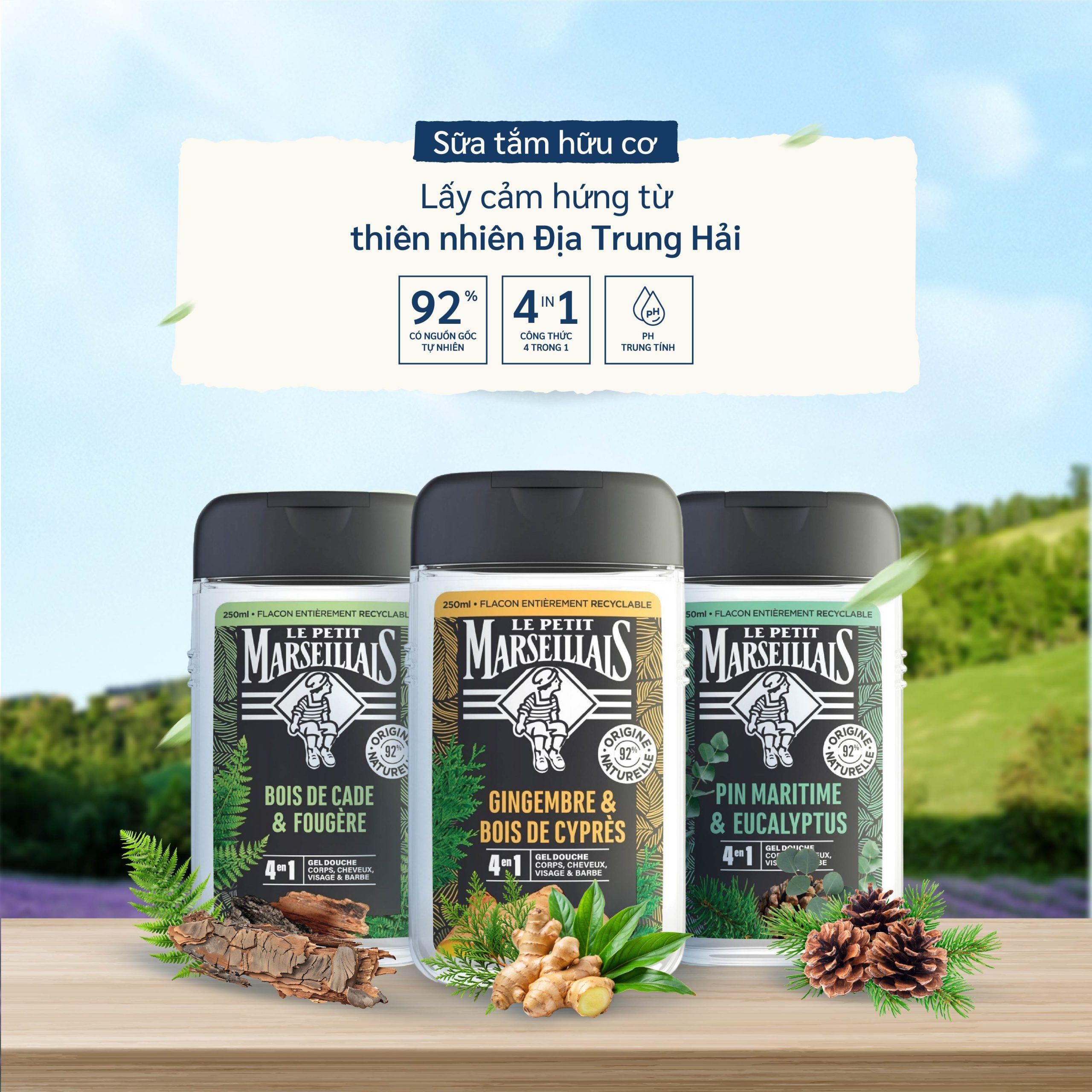 Sữa Tắm Dạng Kem/ Gel tắm Le Petit Marseillais 4 Trong 1 Dành Cho Cơ Thể, Tóc, Mặt Và Râu 250ml