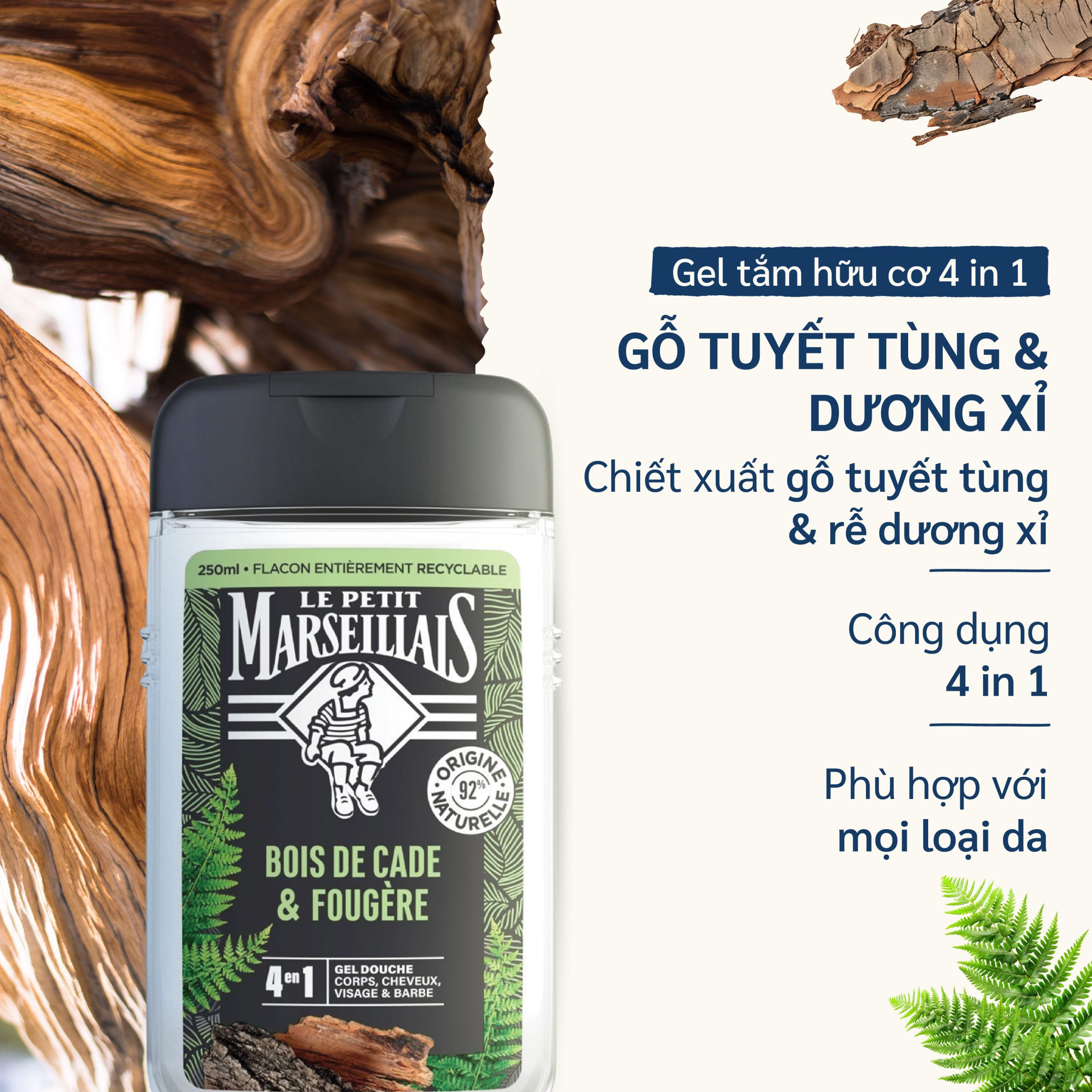 Sữa Tắm Dạng Kem/ Gel tắm Le Petit Marseillais 4 Trong 1 Dành Cho Cơ Thể, Tóc, Mặt Và Râu 250ml