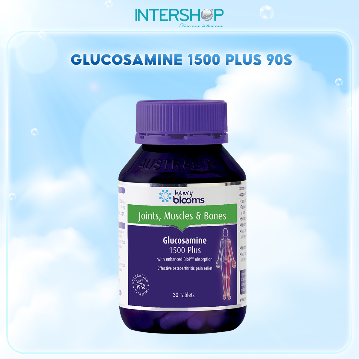 Viên uống sức khỏe HENRY BLOOMS Glucosamine 1500 Plus hỗ trợ giảm nguy cơ thoái hóa khớp và bảo vệ màng sụn khớp (hộp 30 viên)