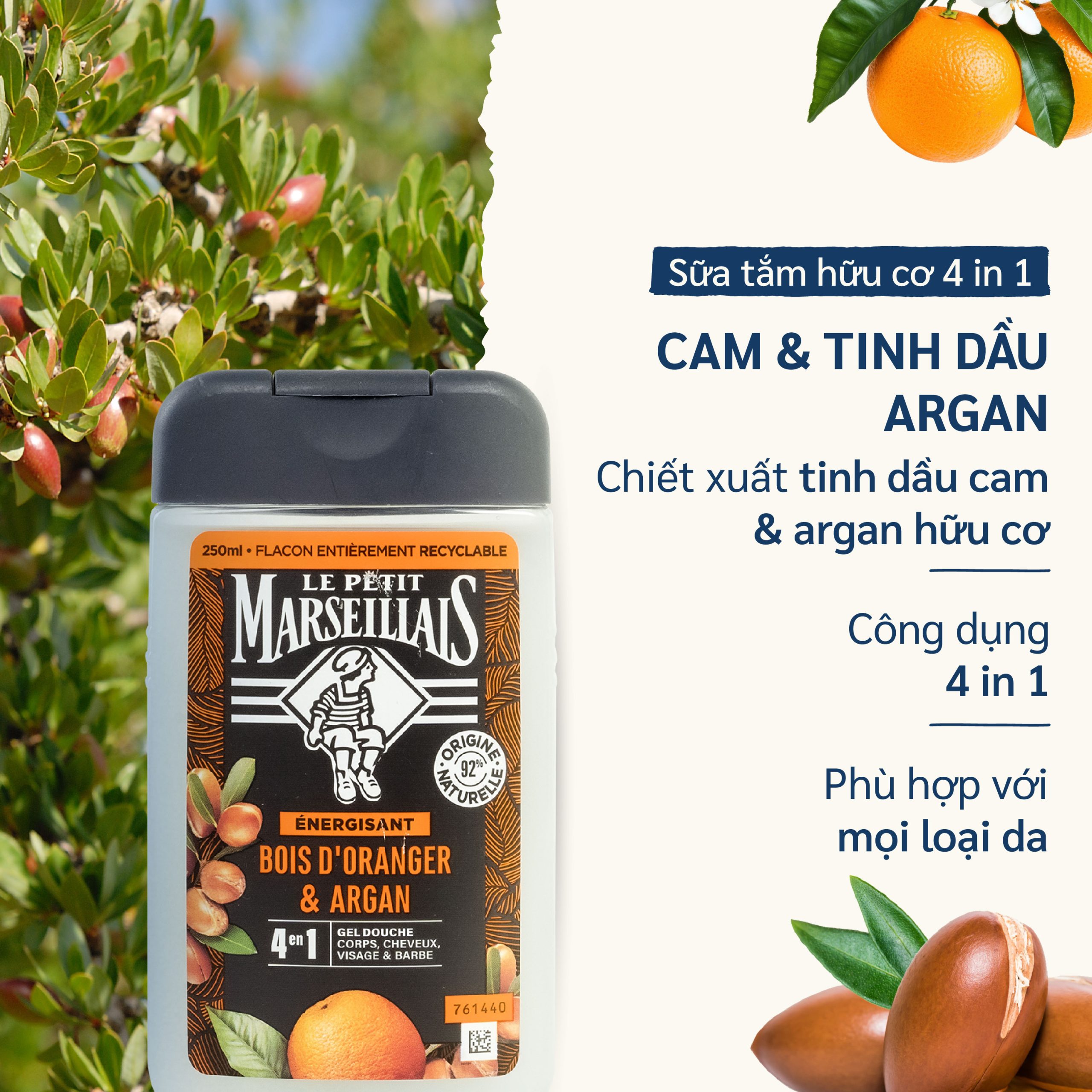 Sữa Tắm Dạng Kem/ Gel tắm Le Petit Marseillais 4 Trong 1 Dành Cho Cơ Thể, Tóc, Mặt Và Râu 250ml