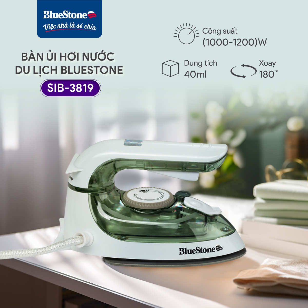 Bàn Ủi Hơi Nước Du Lịch BlueStone SIB-3819 40ml 1000-1200W