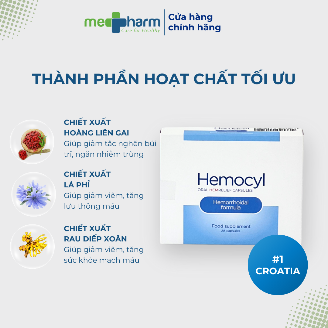 Viên uống Hemocyl – Hỗ trợ cải thiện triệu chứng trĩ: đau rát, ngứa hậu môn, chảy máu (Hộp 28 viên)