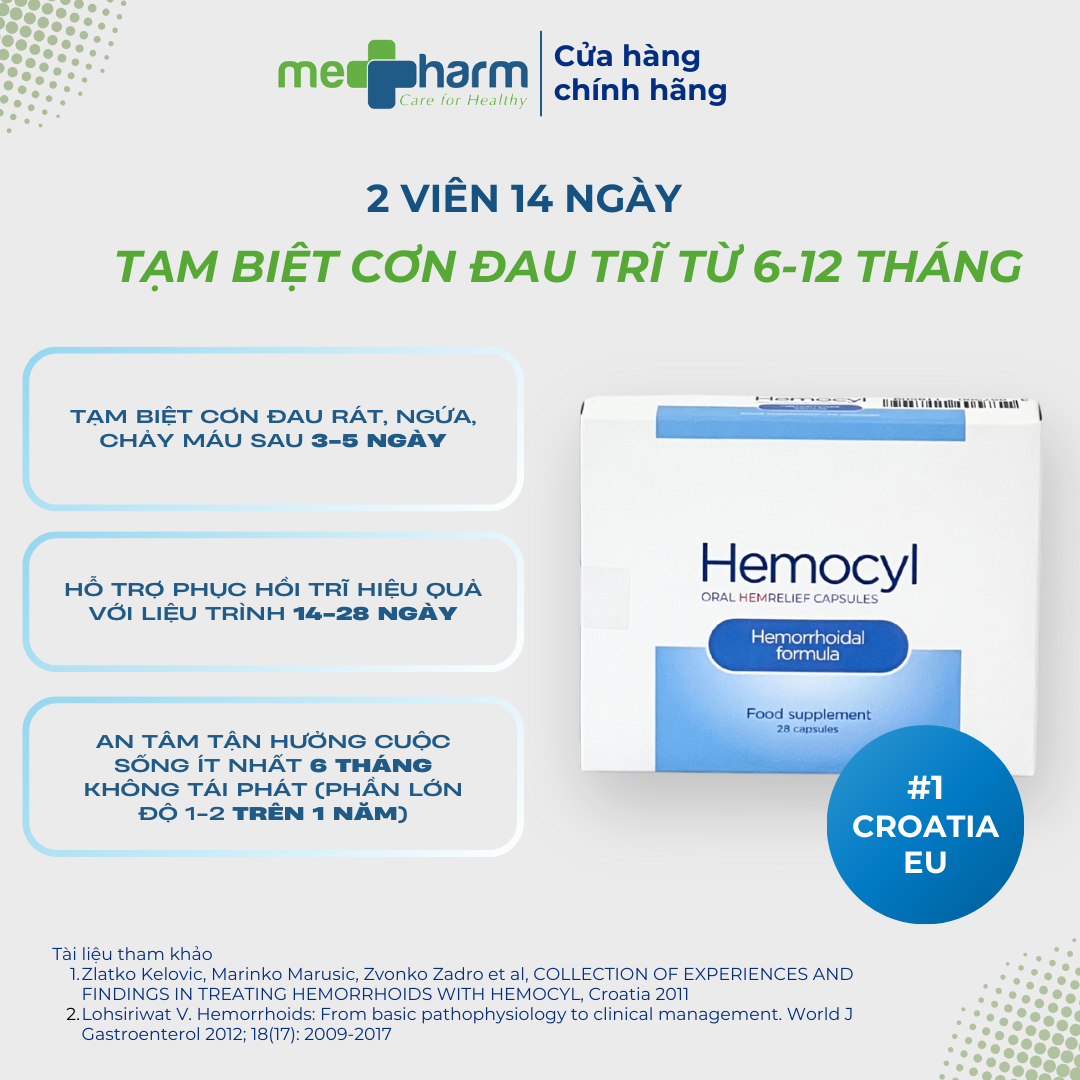 Viên uống Hemocyl – Hỗ trợ cải thiện triệu chứng trĩ: đau rát, ngứa hậu môn, chảy máu (Hộp 28 viên)
