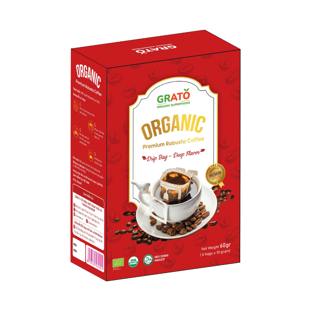 Cà Phê Robusta Hữu Cơ Thượng Hạng Phin Giấy GRATO (6 gói x10 gram)