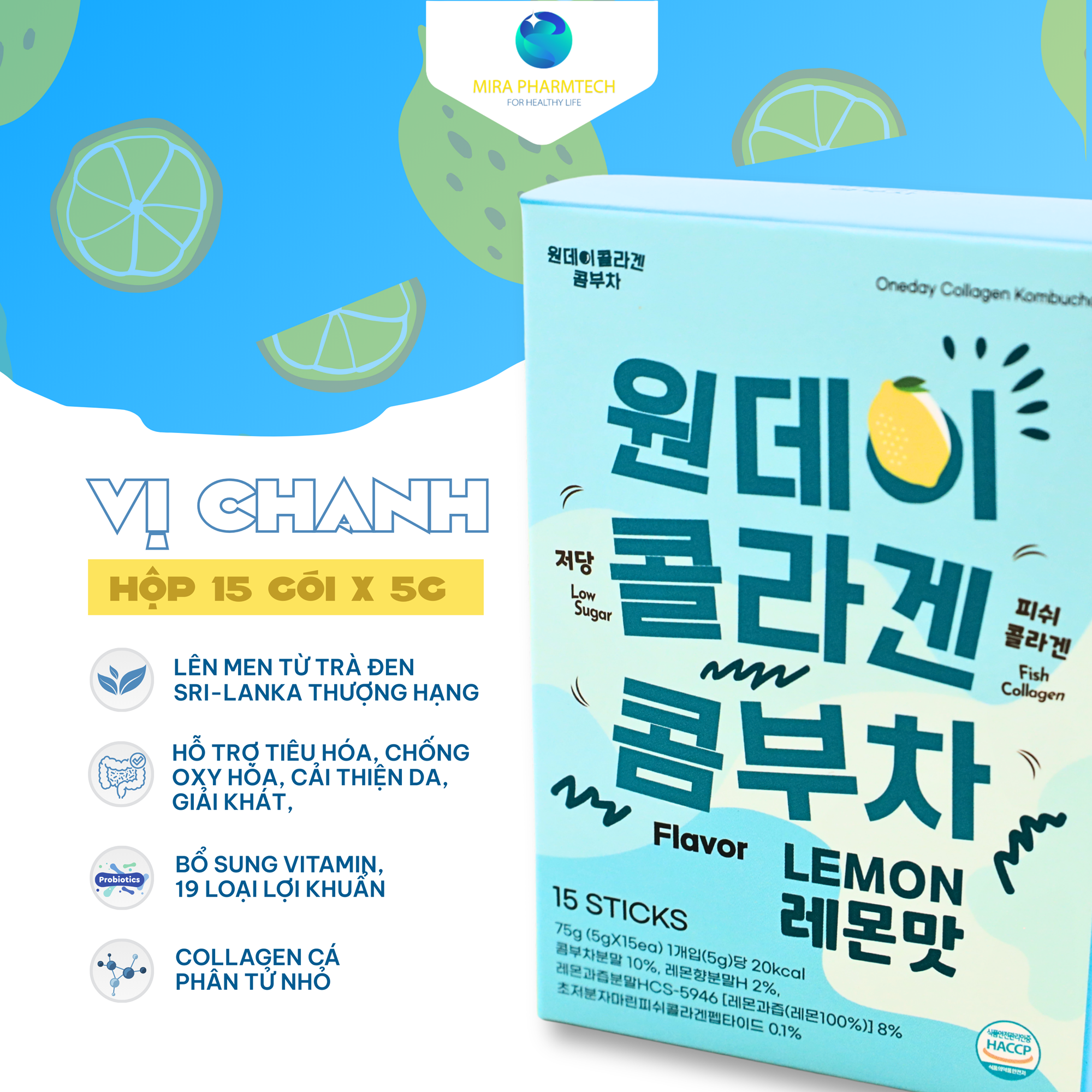 Thức uống lên men Kombucha Collagen Oneday hoà tan – giàu lợi khuẩn Vị chanh (Hộp 15 gói x 5g)